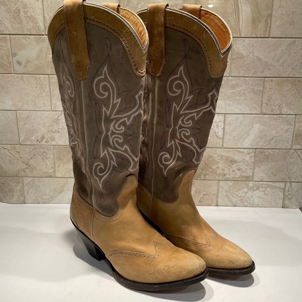 Double H Two-Tone Tan and Taupe Leather Heeled Cowboy Boots